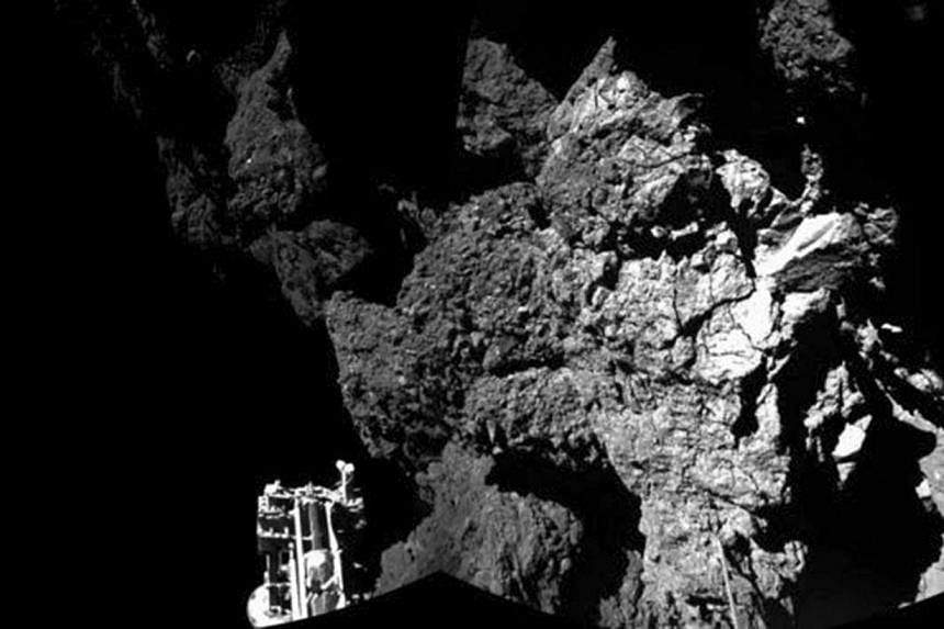A probe named Philae is seen after it landed safely on a comet, known as 67P/Churyumov-Gerasimenko, in this CIVA handout image released on Nov 13, 2014.&nbsp;Europe's robot lab Philae may not have enough power to send to Earth the results of Friday's