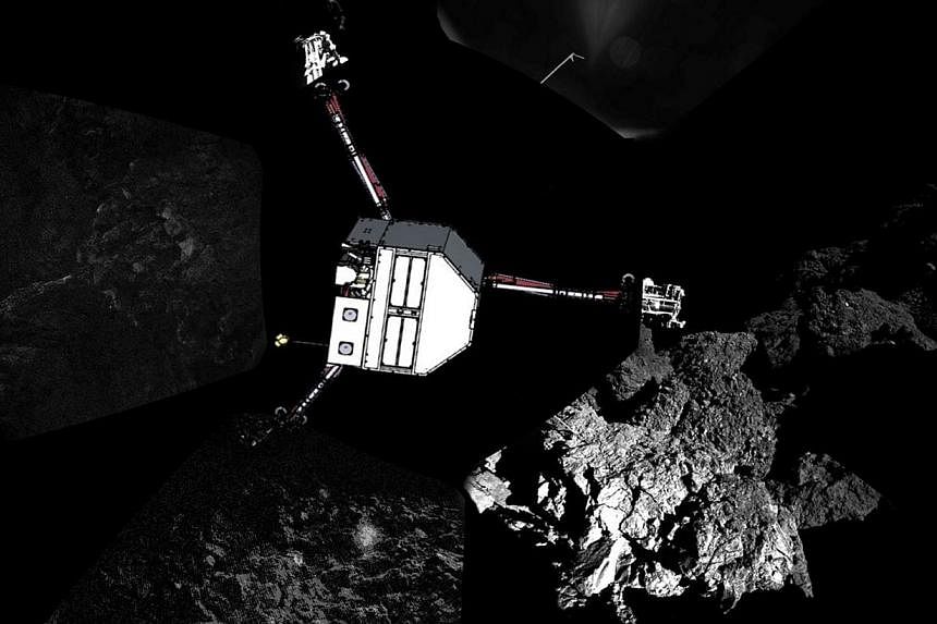 A panoramic image of the surface of Comet 67P/Churyumov–Gerasimenko captured by Rosetta’s lander Philae's CIVA-P imaging system, with a sketch of the lander in the configuration the lander team currently believe it is in superimposed on top, is s