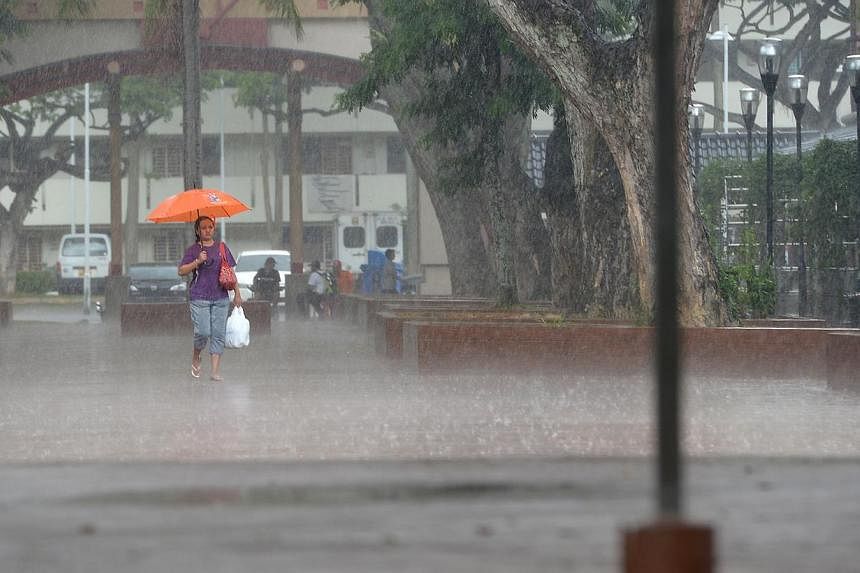 A woman braves the torrential rain at Toa Payoh on Nov 13, 2014. -- ST PHOTO: NG SOR LUAN