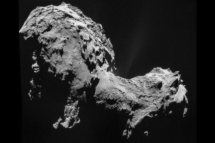 A photo released by the European Space Agency shows a four-image NAVCAM mosaic of Comet 67P/Churyumov-Gerasimenko, using images taken on 19 September when mothership Rosetta was 28.6 km from the comet. --PHOTO: AFP