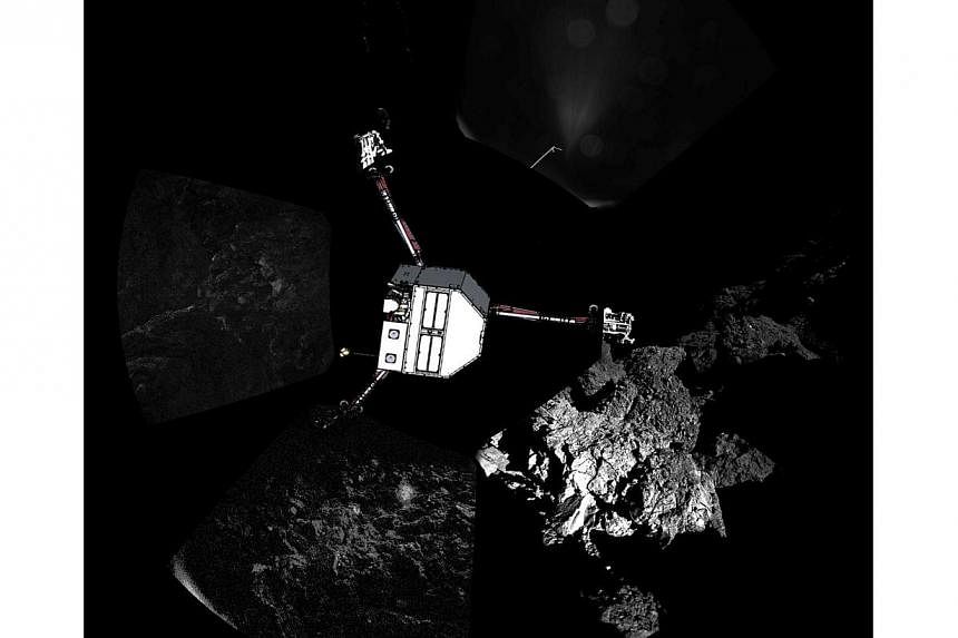 A handout photo released on Nov 13, 2014 by the European Space Agency, and captured on Nov 12 by the CIVA-P imaging system, shows a 360 degree view of the surface of comet 67P/Churyumov-Gerasimenko around the point of final touchdown, during Philae's