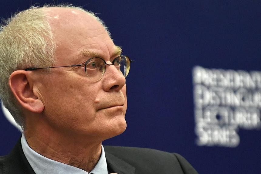 President of the European Council Herman Van Rompuy speaks at the Singapore Management University (SMU) presidential distinguished lecturer series in Singapore on Nov 17, 2014.&nbsp;-- PHOTO: AFP