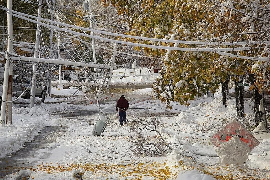 Downed lines on Sanford Street left the road closed and area residents unable to leave their homes after a storm brought several inches of wet snow in Bangor, Maine on Nov 3, 2014. -- PHOTO: REUTERS