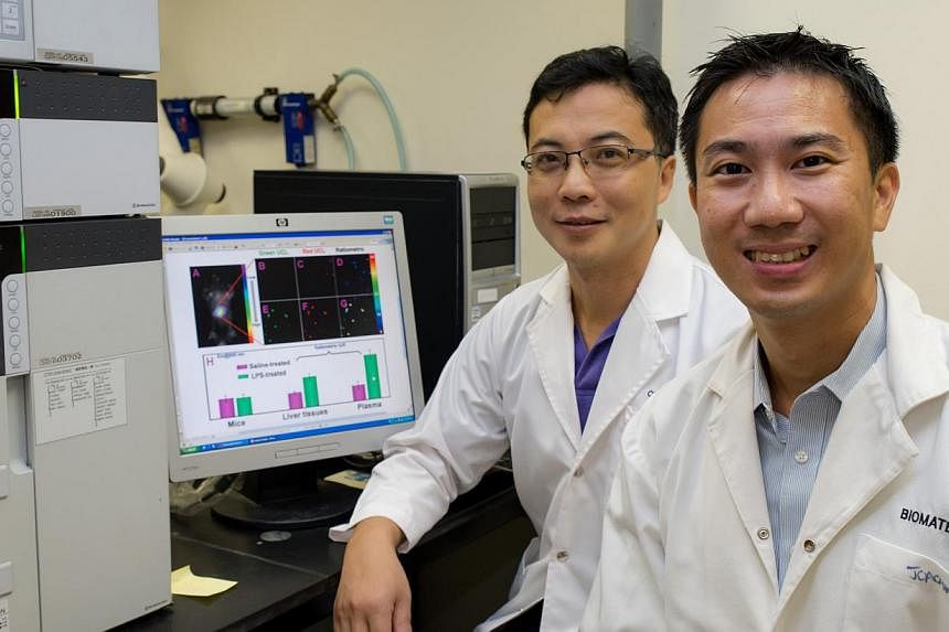 Associate Professors Zhang Qichun (left) and Joachim Loo from Nanyang Technological University (NTU) have invented a new way of detecting tumour cells, and administering anti-cancer drugs to those specific cells. -- PHOTO: NANYANG TECHNOLOGICAL UNIVE