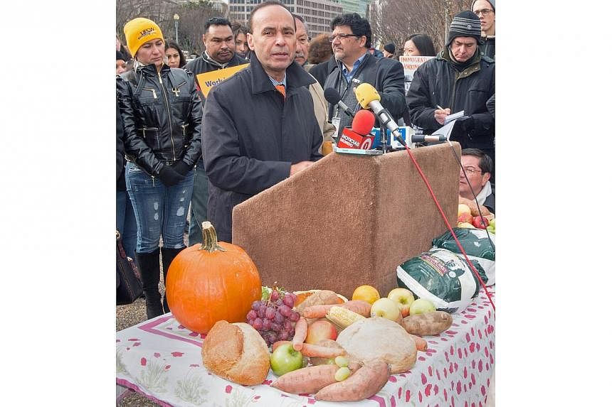 Democrat Representative Luis Gutierrez delivering remarks to the media in Lafayette Park, across the street from the White House, on Nov 19, 2014, reminding Americans about the people who produce the foods for the Thanksgiving meal. Members of United