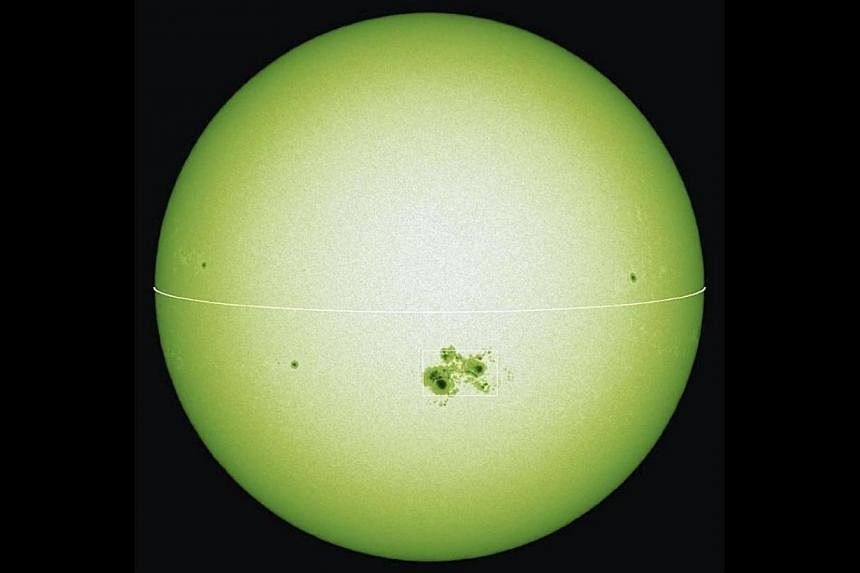 A gigantic sunspot group seen through a telescope installed at the NAOJ. The photo was produced by coloring a black-and-white original image, and a white line was drawn to indicate the sun’s equator. This image was taken on Oct. 24. --PHOTO: THE YO