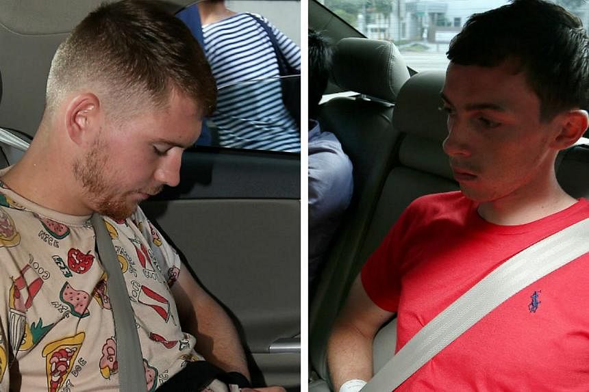 The two German men, Andreas Von Knorres (right) and Elton Hinz (left),&nbsp;both 21, were arrested in Kuala Lumpur International Airport for their suspected involvement in vandalising an SMRT train at Bishan Depot earlier this month. -- PHOTOS: WONG 