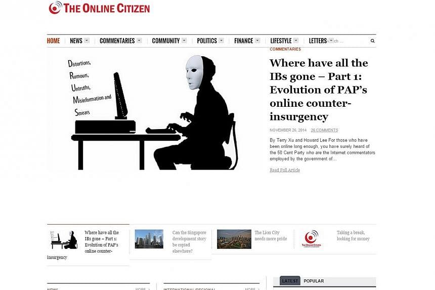 Money is running low at the company behind sociopolitical website The Online Citizen (TOC) but shutting it down is "not an option", said Mr Howard Lee, director of The Opinion Collaborative Ltd, which manages the site.&nbsp;-- PHOTO: SCREENGRAB FROM 