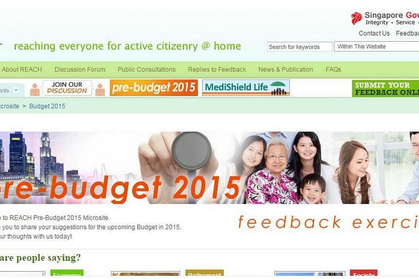 The Ministry of Finance is seeking the views of all Singaporeans for ideas and suggestions on possible measures for Budget 2015. -- SCREENGRAB: REACH.GOV.SG&nbsp;