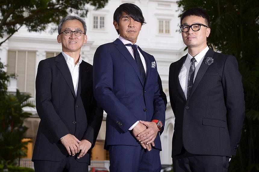 Winning designers (from left) Tan Kok Hiang, principal director of Forum Architects; Peter Tay, design director at Studio Peter Tay; and Larry Peh, founder and creative director of &amp;larry at The Istana on Nov 25, 2014. -- ST PHOTO:&nbsp;MARK CHEO