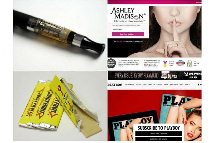 (Clockwise from top left) Electronic cigarettes, extramarital dating site Ashley Madison, Playboy magazine and chewing gum are some things banned in Singapore. -- PHOTOS: ST FILE, INTERNET