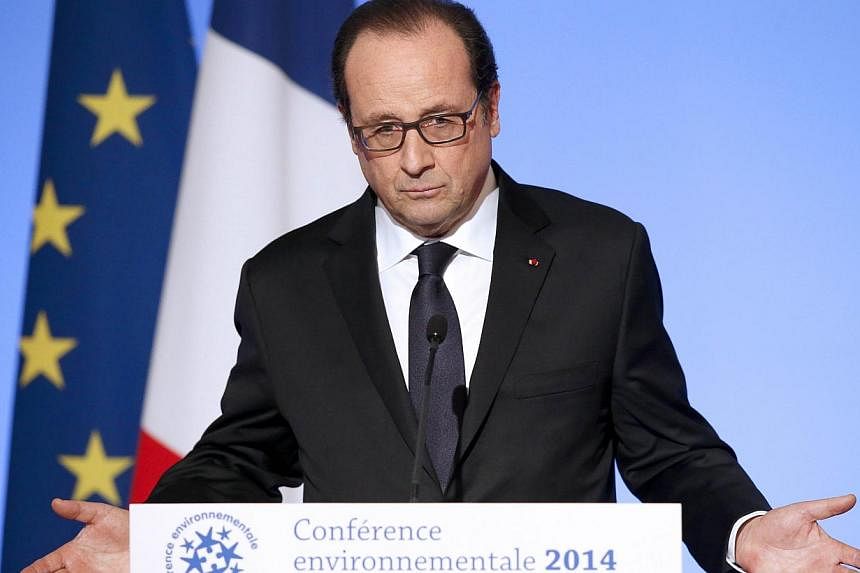 French President Francois Hollande delivers a speech at a two-day environmental conference on Nov 27, 2014 in Paris. Unemployment in France hit a new record in October, statistics showed on Thursday. In a mid-term interview earlier this month, Hollan