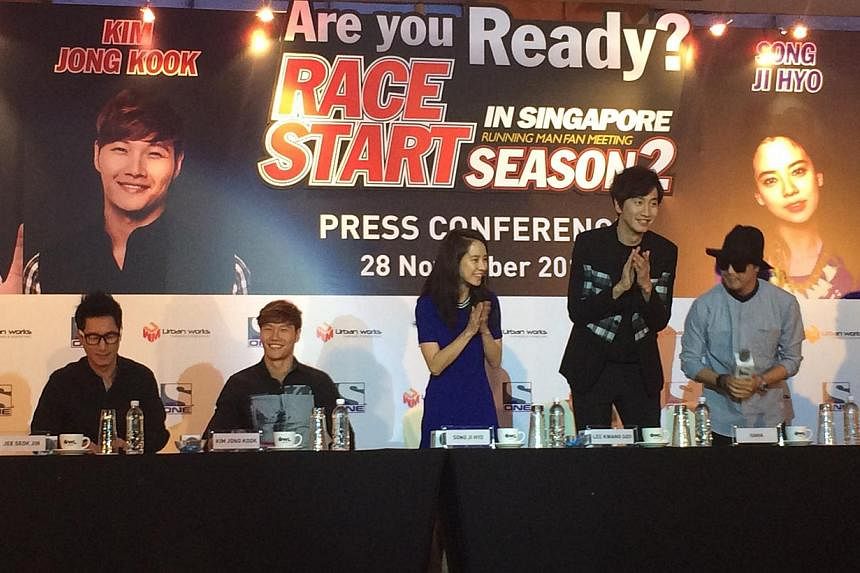 Cast members of popular Korean variety show Running Man, (from left) Jee Seok Jin, Kim Jong Kook, Song Ji Hyo, Lee Kwang Soo and Haha (Ha Dong Hoon), at a media conference held prior to a fan meeting in Singapore. -- ST PHOTO: MELISSA HENG
