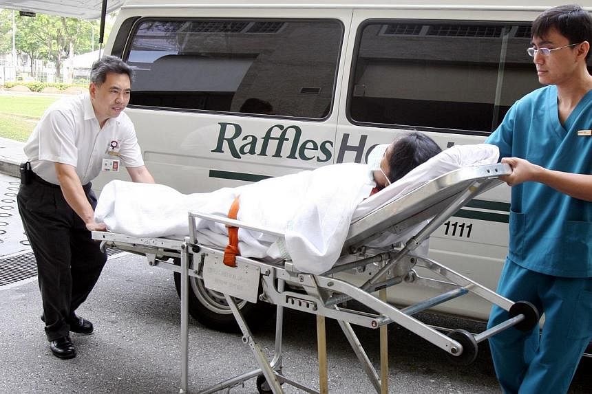 From the middle of next year, Raffles Hospital's emergency department will receive patients with non-critical conditions from Singapore Civil Defence Force (SCDF) ambulances. -- PHOTO: ST FILE&nbsp;