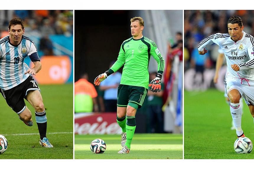 (From left) Messi, Neuer and Ronaldo are contending for the Ballon d'Or. -- PHOTO: AFP&nbsp;