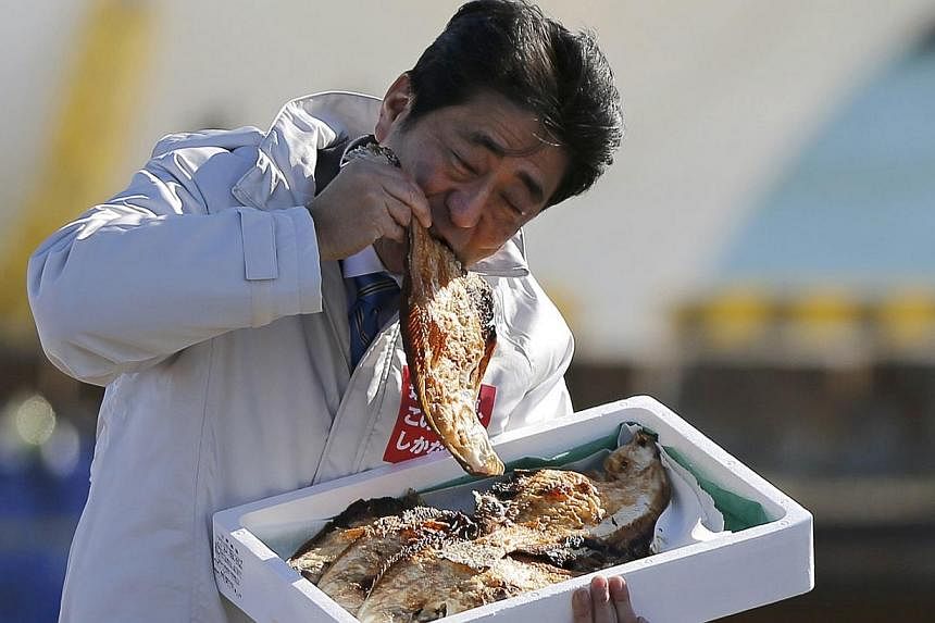 Japan´s Prime Minister Shinzo Abe, who is also leader of the ruling Liberal Democratic Party (LDP), eats a local grilled fish during his official campaign kick-off for the Dec 14 lower house election, at the Soma Haragama fishing port in Soma, Fukus