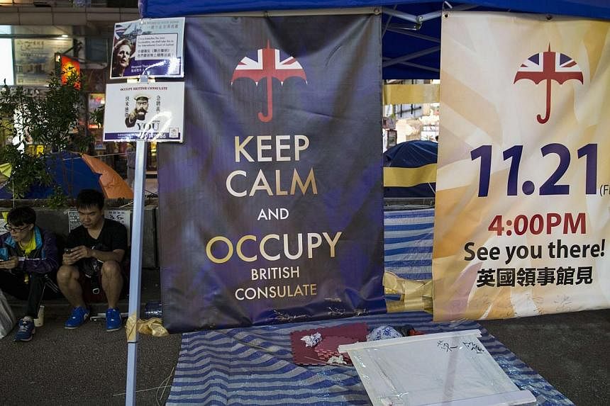 Posters appealing for people to join them for an upcoming protest, are displayed in an area protesters are occupying in Mongkok shopping district in Hong Kong on Nov 10, 2014.&nbsp;China said on Wednesday Britain has had no moral responsibility for w