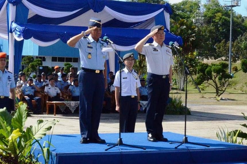 Republic of Singapore Air Force (RSAF) Chief of Air Force, Major-General Hoo Cher Mou (right), and Indonesian Air Force (TNI-AU) Chief of Staff, Air Chief Marshal Ida Bagus Putu Dunia, officiating at the closing ceremony of Exercise Elang Indopura 20