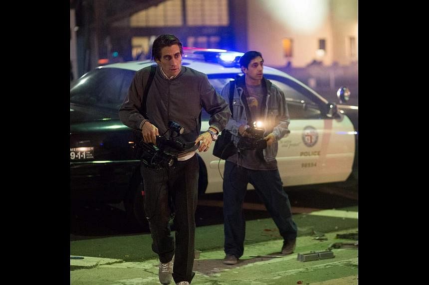 Jake Gyllenhaal (far left) is a nightcrawler while Riz Ahmed (left) plays the only character with a conscience.