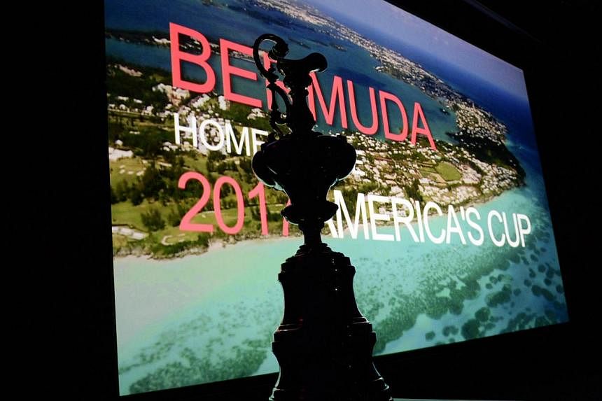 The America's Cup Trophy sits in front of a video screen during a press conference in New York on Tuesday to announce the site of the 35th America's Cup. America's Cup organisers have announced that Bermuda has beaten San Diego for the right to host 