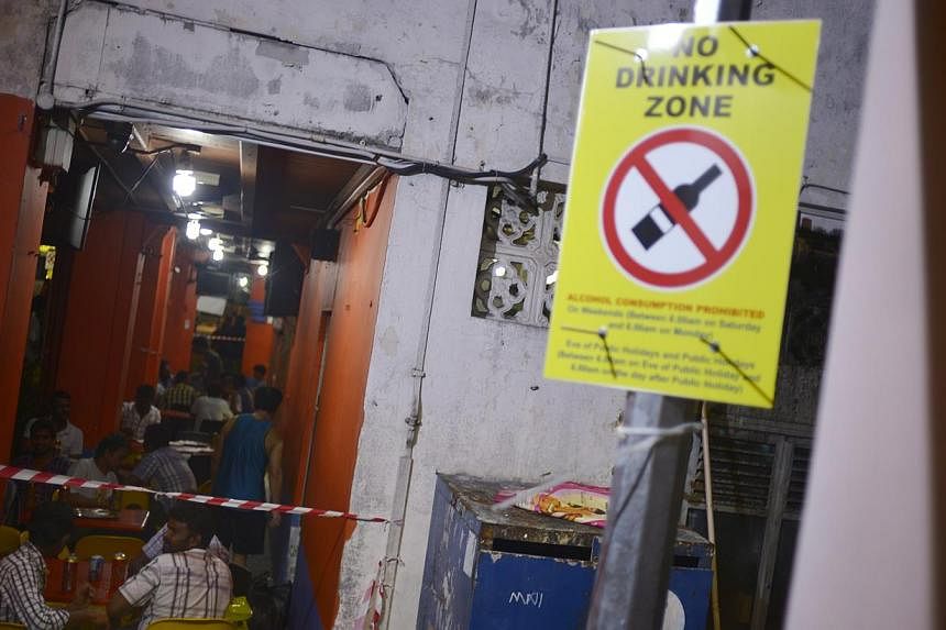 A sign indicating the no drinking zone along kerbau road stands outside a restaurant on Nov 30, 2014. -- PHOTO: ST FILE&nbsp;