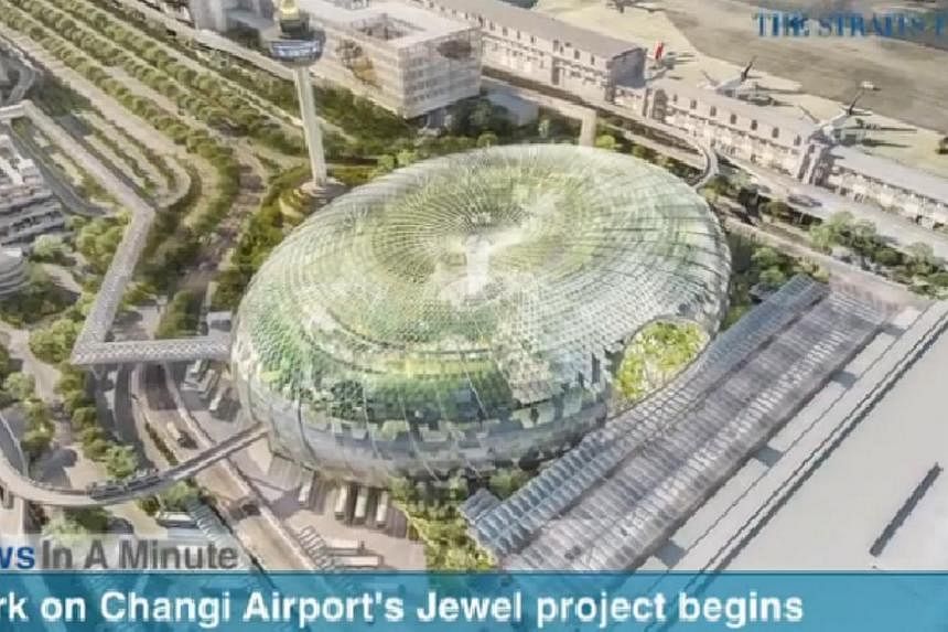 In today's The Straits Times News In A Minute video, we look at the work on Changi Airport's $1.7 billion Jewel project and the expansion of Terminal 1 which began on Friday.&nbsp;-- PHOTO: SCREENGRAB FROM RAZORTV
