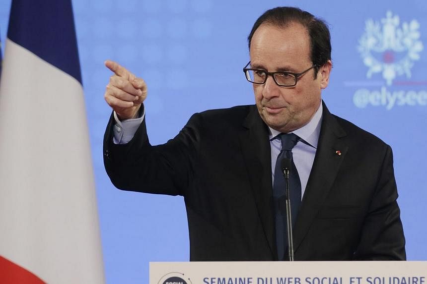 French President Francois Hollande delivers a speech during the Social Good Week event at the Elysee Palace in Paris on Dec 4, 2014.&nbsp;French President Francois Hollande will make an unscheduled stop in Moscow later on Saturday to discuss the Ukra