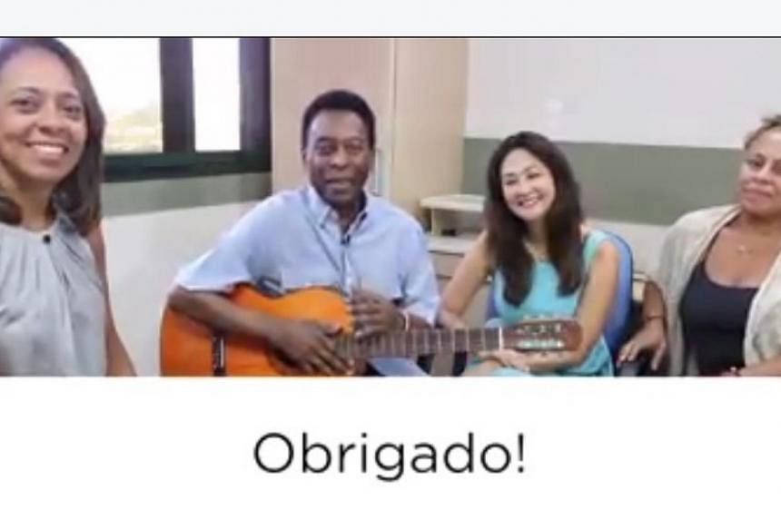 A screenshot from the video posted by Brazilian soccer great Pele. He said he was in good health in a video recorded at the Sao Paulo hospital where he has been treated for a urinary tract infection. -- PHOTO: FACEBOOK