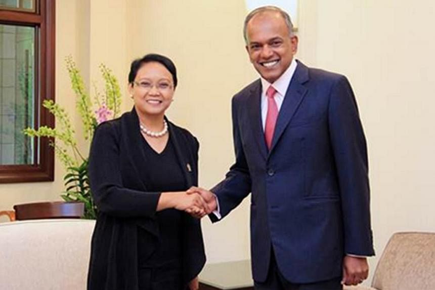 Singapore Foreign Minister and Minister for Law K. Shanmugam meeting Indonesian Foreign Minister Retno Marsudi in Singapore on Nov 26, 2014. Mr Shanmugam will be travelling to Jakarta as part of ongoing bilateral exchanges to strengthen ties between 