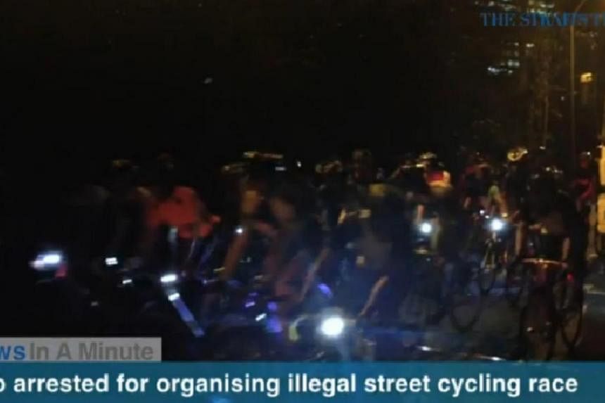 In today's News In A Minute, we look at two men, aged 28 and 39, that have been arrested for their suspected involvement in promoting and organising an illegal cycling race along Tanglin Halt Road.&nbsp;-- PHOTO: SCREENGRAB FROM RAZORTV