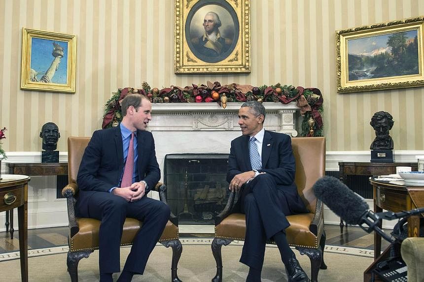 US President Barack Obama meets with Britain's Prince William, Duke of Cambridge, in the Oval Office at the White House in Washington on Monday. William and his wife Catherine are on a three-day visit to the United States. -- PHOTO: AFP&nbsp;