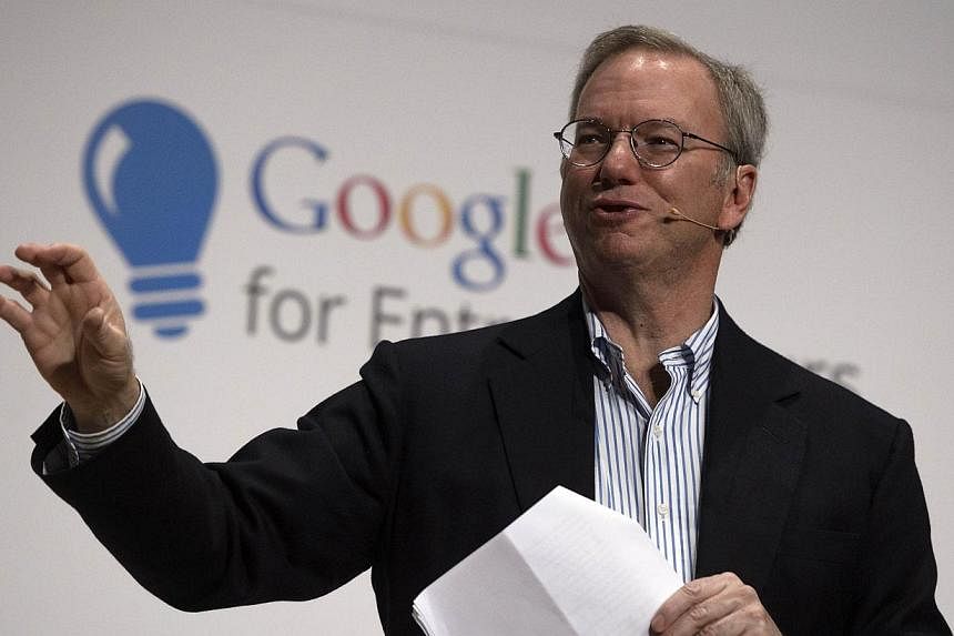 Google Executive Chairman Eric Schmidt speaks at the "The South Summit"- Spain Start-Up convention at Las Ventas bullring in Madrid on Oct 10, 2014.&nbsp;-- PHOTO: AFP