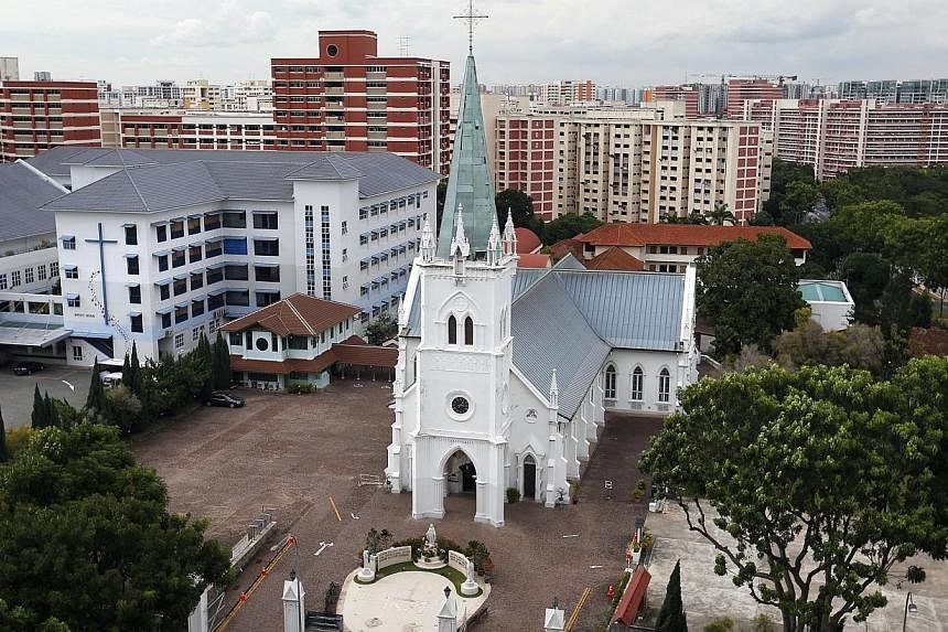 A picture of the Catholic Church of Nativity of the Blessed Virgin Mary, at Upper Serangoon Road. The Ministry of National Development has sought views on housing several places of worship of the same religion under one roof. -- PHOTO: ST FILE