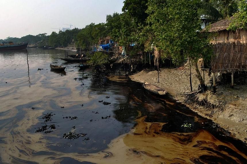 An oil spill from a Bangladeshi oil-tanker is seen on the Shela River in Mongla on Dec 12, 2014.&nbsp;A dead dolphin has been found in Bangladesh's protected Sundarbans delta following an oil spill which has spread over several hundred square kilomet