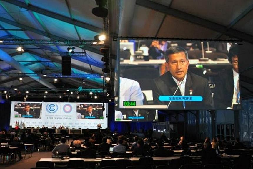 Environment and Water Resources Minister Vivian Balakrishnan making an intervention at the United Nations Climate Change Conference in Lima, Peru. -- PHOTO: VIVIAN BALAKRISHNAN/FACEBOOK&nbsp;