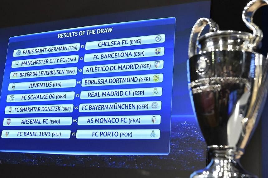 A board shows the draw for the Uefa Champions League round of 16 next to the trophy on Dec 15, 2015 at the Uefa headquarters in Nyon. -- PHOTO: AFP