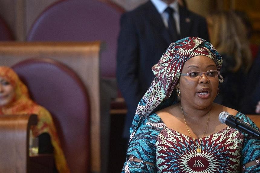 Leymah Gbowee, Liberian peace activist, delivers a speech during the award ceremony of the 14th World Summit of Nobel Peace Laureates on Sunday at Rome's City Hall. -- PHOTO: AFP