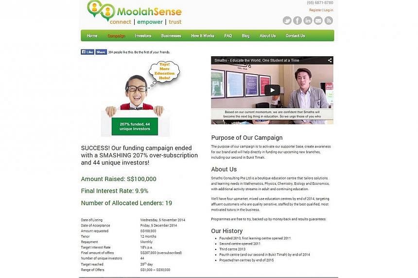 Homegrown crowd-financing platform MoolahSense has closed its first funding campaign for an education firm, raising more than double its targeted amount of $100,000. -- PHOTO: SCREENGRAB FROM MOOLAHSENSE