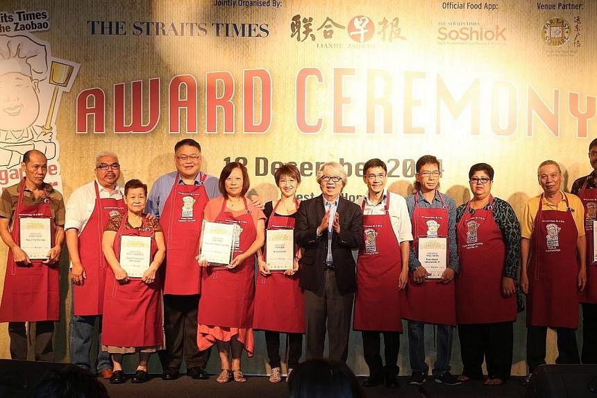 The winners of the various categories - Beef Noodle, Fish Soup, Popiah, Mee Soto, Indian Mee Goreng and Lor Mee - receive their certificates at the Singapore Hawker Masters awards at the annual awards ceremony organised by Straits Times and Zaobao he