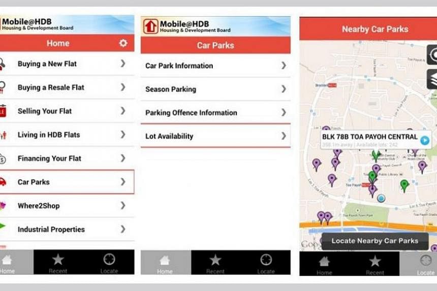 Since July, the Mobile@HDB smartphone application has offered real-time information about available short-term lots in HDB carparks with the Electronic Parking System. -- PHOTO: HOUSING AND DEVELOPMENT BOARD