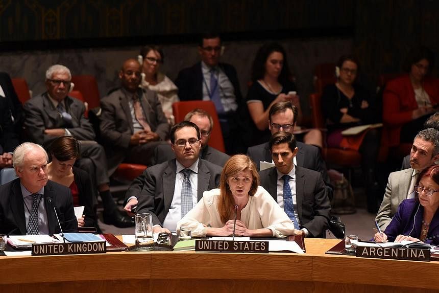 US envoy Samantha Power&nbsp;(centre) said a UN commission of inquiry that compiled testimonies from North Korean exiles exposed the Pyongyang regime’s brutality. -- PHOTO: AFP