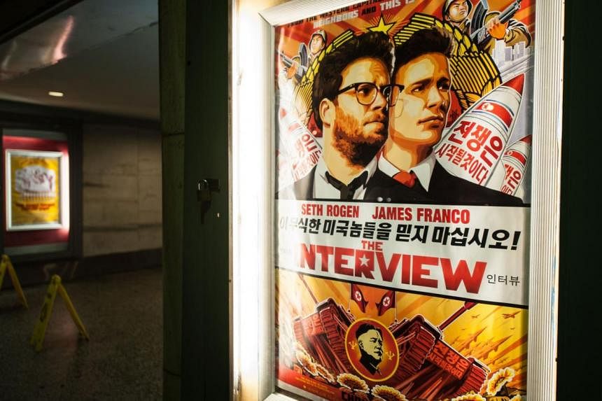 General view of The Interview poster during Sony Pictures' release of The Interview at the Plaza Theatre on, Christmas Day, Dec 25, 2014 in Atlanta, Georgia. Hundreds of thousands of people viewed illegal copies of The Interview in China and South Ko