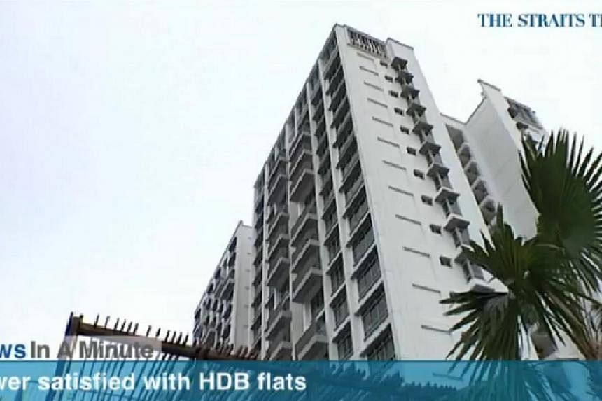 In today's News In A Minute, we look how the HDB survey found that over 91 per cent were satisfied with their flat last year, down from 96.4 per cent in 2008.&nbsp;-- PHOTO: SCREENGRAB FROM RAZORTV