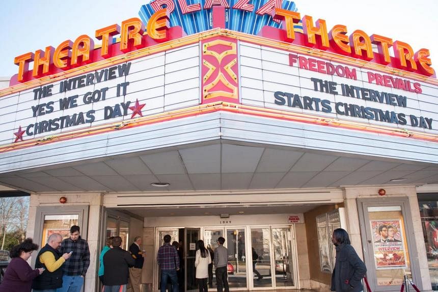 The Plaza Theatre marquee during Sony Pictures' release of The Interview at the Plaza Theatre on Christmas Day, Dec 25, 2014, in Atlanta, Georgia. -- PHOTO: AFP