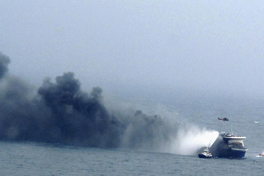 The car ferry Norman Atlantic burns in waters off Greece on Dec 28, 2014 in this handout photo provided by Marina Militare. -- PHOTO: REUTERS