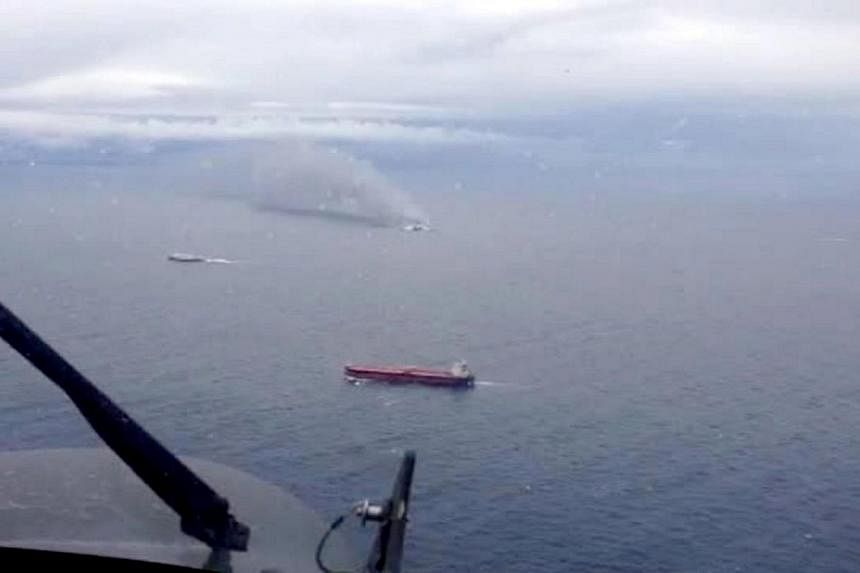 A photo grab taken from a video made available by the Aeronautica Militare Italiana on December 28, 2014, shows the burning ferry Norman Atlantic adrift off Albania. -- PHOTO: PHOTO / HO/ AERONAUTICA MILITARE ITALIANA