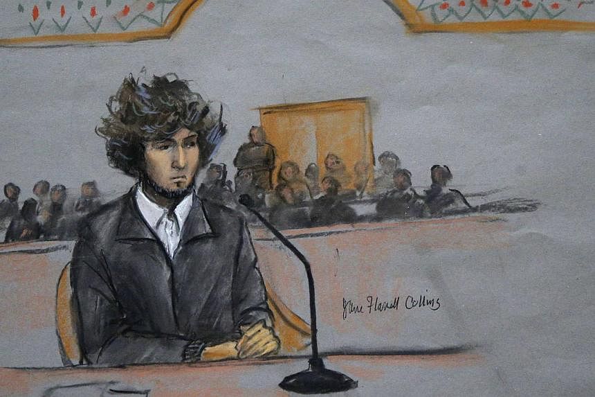 Boston Marathon bombing suspect Dzhokhar Tsarnaev is shown in a courtroom sketch during a pre-trial hearing at the federal courthouse in Boston, Massachusetts on Dec 18, 2014. -- PHOTO: REUTERS