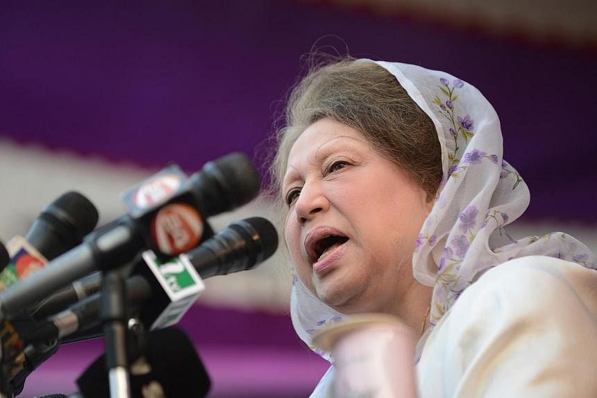 In this file photograph taken on Jan 20, 2014, Bangladesh's main opposition leader and Bangladesh Nationalist Party (BNP) chairperson Khaleda Zia addresses a rally in Dhaka.&nbsp;-- PHOTO: AFP