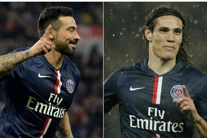 Paris Saint-Germain's attacking duo Ezequiel Lavezzi (left) and Edinson Cavani, who missed the Ligue 1 side's recent training camp in Morocco, have received financial and sporting sanctions from the club, coach Laurent Blanc said on Sunday, Jan 4, 20