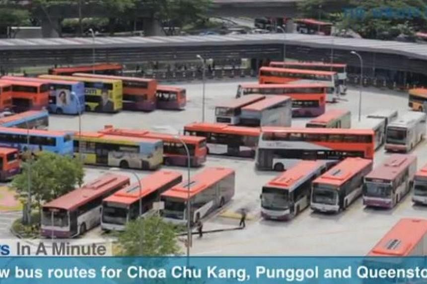 In today's The Straits Times News In A Minute video, we look at four new bus routes to be rolled out by March in Choa Chu Kang, Punggol and Queenstown under the Bus Service Enhancement Programme. -- PHOTO: SCREENGRAB FROM RAZORTV
